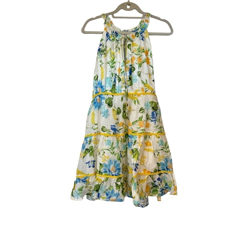 Anthropologie PQ Floral Halter Sundress White Blue Yellow Tiered Ruffle